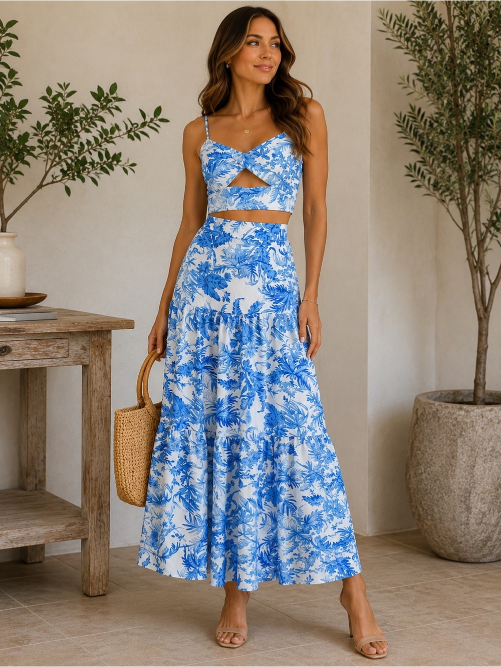 NWOT Commense Blue & White Tropical Print Two-Piece Set – Size Medium